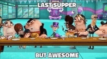 a group of cartoon characters are sitting at a long table eating .