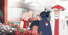 a group of anime characters are standing in front of a building and flowers with the name meezumaki on the bottom right