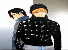 two anime characters standing next to each other one wearing a black jacket with spikes