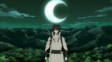 a cartoon character with a sword stands in front of a crescent moon