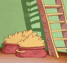 a cartoon scene with a ladder and two pots filled with food .
