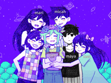 a group of anime characters are posing for a picture with the names mari micah mike and maya