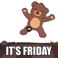 a brown teddy bear is jumping in the air with the words it 's friday below him