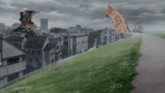 a robot is flying over a city while a hand is reaching for it