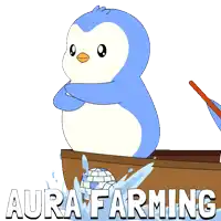 a blue and white penguin in a boat with aura farming written on the bottom