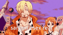 a cartoon of a man and a woman standing next to each other with the words " sanami sex real " on the bottom right