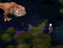 a screenshot of a video game shows a t-rex attacking a character