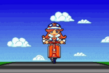 a cartoon character is riding a scooter on a road with clouds in the background