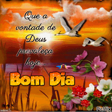 a picture that says bom dia with flowers and birds on it