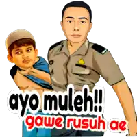 a cartoon of a man carrying another man with the words ayo muleh gawe rusuh ae below him