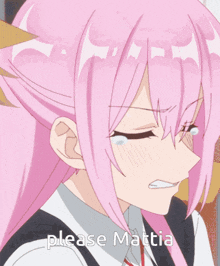 a girl with pink hair and blue eyes is asking for mattia