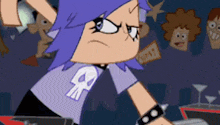 a cartoon girl with purple hair and a skull shirt