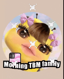 a picture of a bee taking a selfie with the words morning tbm family below it