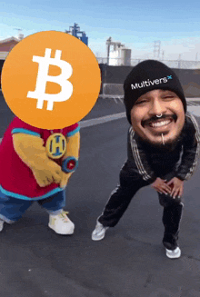 a man wearing a hat that says multivers stands next to a child with a bitcoin symbol on his head