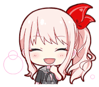 a cute cartoon girl with pink hair and a red bow in her hair is smiling .