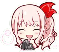 a cute cartoon girl with pink hair and a red bow in her hair is smiling .