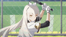 a girl with long white hair is holding a baseball bat with the letter o on it