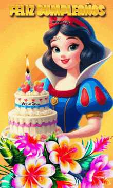 a cartoon of snow white holding a cake with a candle on it