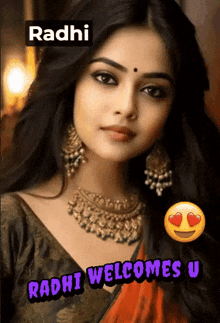 a picture of a woman with the words radhi welcomes u below her