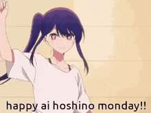 a girl with purple hair and a ponytail is wearing a white shirt .