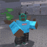 a cartoon character wearing a blue supreme sweatshirt
