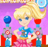 a cartoon girl is standing with her hands on her hips in front of a clock