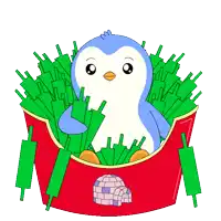 a penguin is sitting in a french fries bucket
