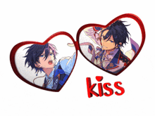 two hearts with the word kiss in red