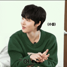 a young man wearing a green sweater with t on it is talking