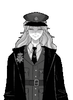 a black and white drawing of a man wearing a hat