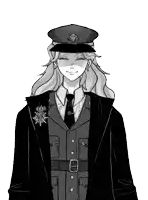 a black and white drawing of a man wearing a hat