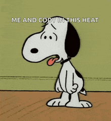 a cartoon of snoopy sticking his tongue out with the words me and cody in this heat below him