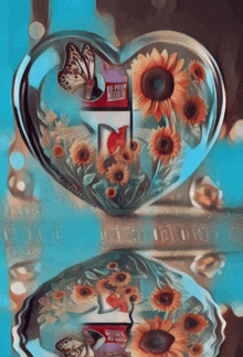 a heart shaped container with sunflowers and a flag that says no prop record on it