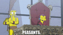 a cartoon character is standing next to a pile of skulls and the word peasants is written on the bottom
