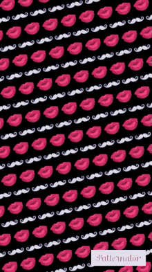 a pattern of pink lips and white mustaches on a black background says patternator