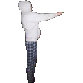 a person in a white hoodie and plaid pants is standing with their arms outstretched .
