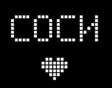 the word cock is written in white squares on a black background with a heart .