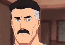 a cartoon man with a mustache and blue eyes looks at the camera