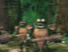 a group of frogs are holding wooden sticks and one has the number 60 on his chest