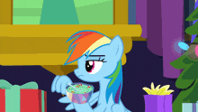 a cartoon of a pony holding a cup of food