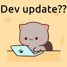 a cartoon of a cat using a laptop and the words dev update