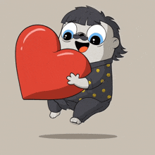 a cartoon character is holding a large red heart in his hands