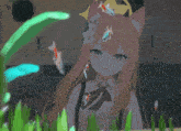 a girl with a cat ear and a flower in her hair is surrounded by fish