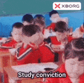 a group of children are sitting in a classroom with the words study conviction on the bottom