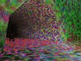 a cartoon character is walking through a tunnel with a colorful background .