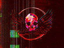 a skull with wings is in a circle on a colorful background .