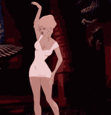 a cartoon woman in a white dress is dancing .