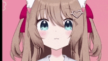 a close up of a girl with a heart shaped hair clip on her head