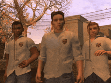 a group of boys wearing white shirts with a shield on the back