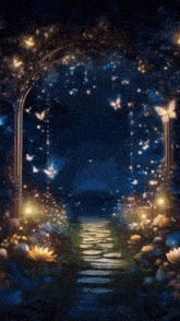 a path leading to a fairy garden at night with butterflies and fireflies hanging from the ceiling .